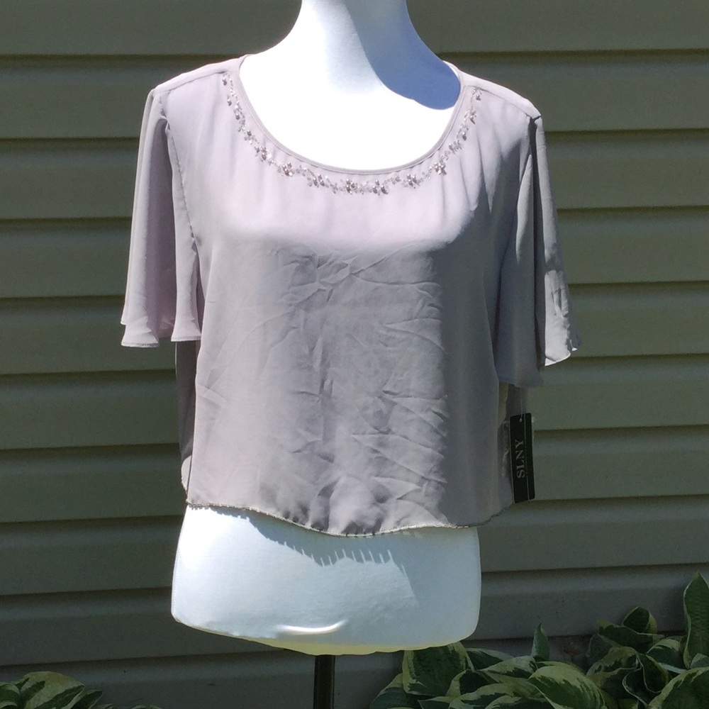 NWT SLNY Sheer Beaded Trim Top